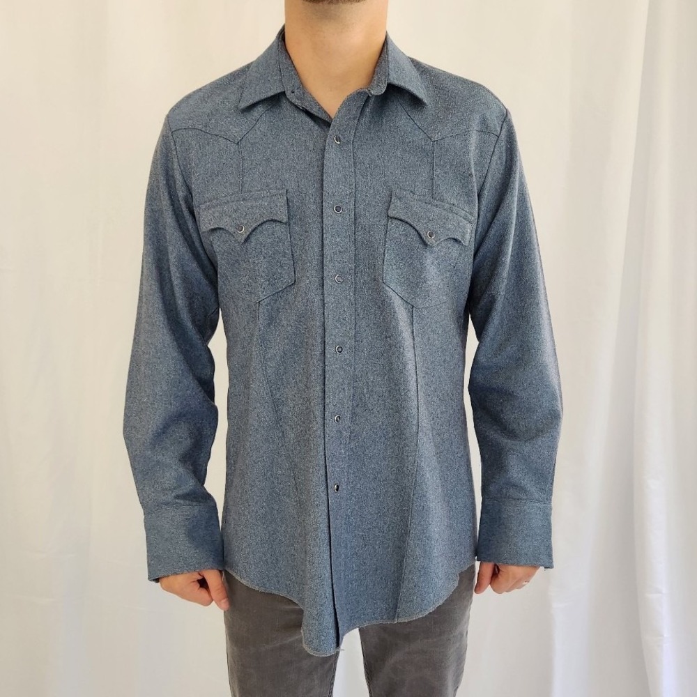 70s Western Cut Blue Snap Front Shirt